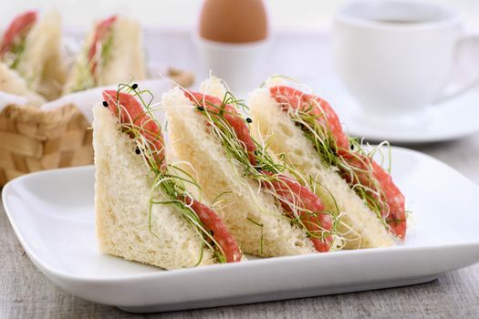 Wheat toast sandwich  with cream cheese with microgreen onion sprouts and salami. Healthy and fresh food.