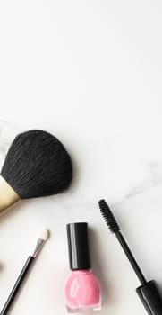 Make-up and cosmetics products on marble, flatlay background - modern feminine lifestyle, beauty blog and fashion inspiration concept