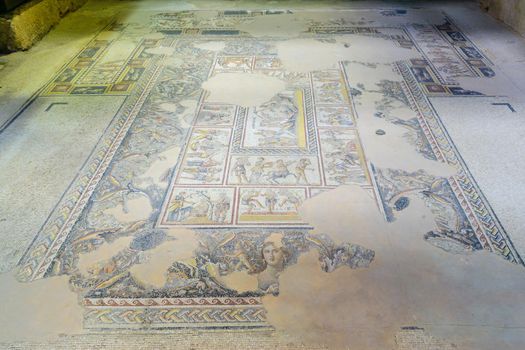 Tzipori, Israel - March 29, 2021: View of a Roman era mosaic floor of the Dionysus House, in Tzipori National Park, Northern Israel