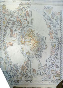 Tzipori, Israel - March 29, 2021: View of the zodiac in the mosaic floor of the ancient synagogue, in Tzipori National Park, Northern Israel