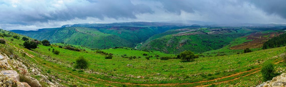 Panoramic view of landscape and countryside along the Dishon valley, Upper Galilee, Northern Israel