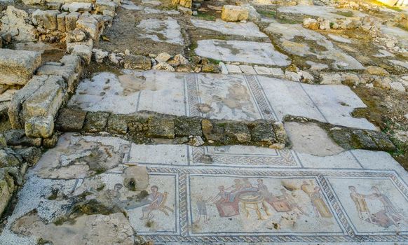 View of a Roman era mosaic floor of a public house, in Tzipori National Park, Northern Israel