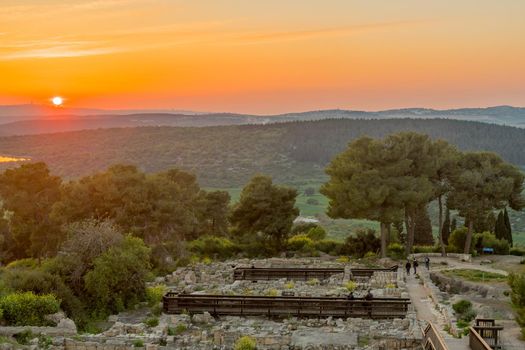 Sunset view of ancient ruins in Tzipori National Park, and landscape, Northern Israel