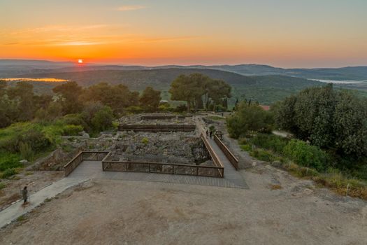 Sunset view of ancient ruins in Tzipori National Park, and landscape, Northern Israel