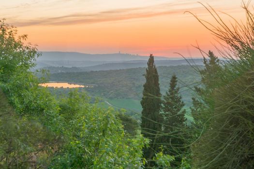 Sunset view of landscape and countryside of the western Lower Galilee, from Tzipori, Northern Israel