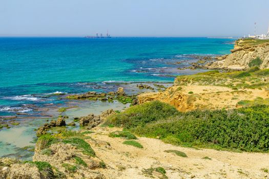 View of the beach and sandstone cliffs in Gedor Sea Reserve, Hadera, Northern Israel