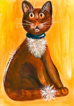 Drawn with acrylic paints funny cat with big eyes on a yellow background