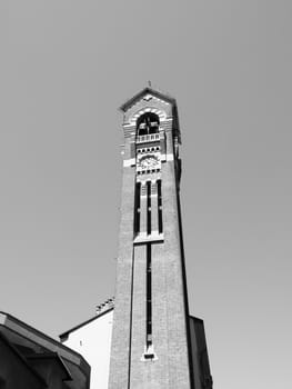 Steeple of Chiesa di San Giuseppe church in Turin, Italy in black and white