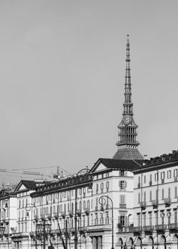 The Mole Antonelliana in Turin, Piedmont, Italy in black and white
