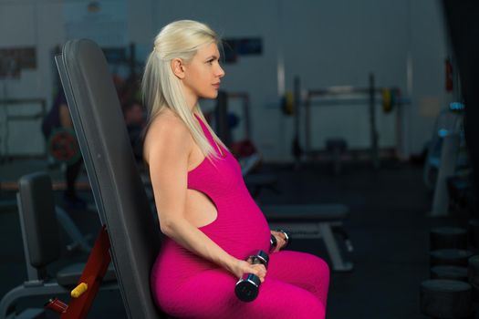 Pregnant woman lifting up dumbbells training biceps muscle at the gym sitting bench Pregnancy, healthy lifestyle, sport and fitness concept Caucasian female athlete workout training