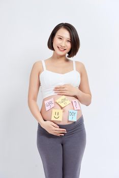 Belly of a pregnant woman with stickers