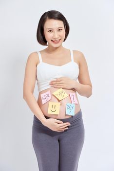 Asian pregnant woman with sticky note on her belly