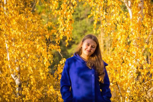 A young girl walks in the autumn park, stands behind a tree. The trees have yellow leaves.