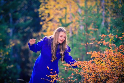 A young girl walks in the autumn park, stands behind a tree. The trees have yellow leaves.