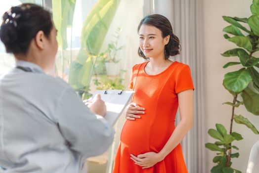 Happy pregnant woman consultation with doctor near window