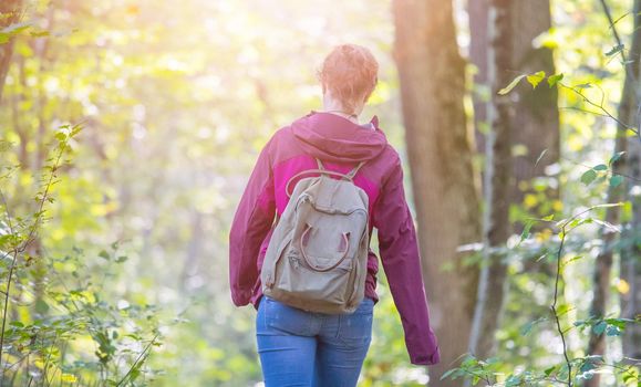 Young woman is walking through the forest, spring time
