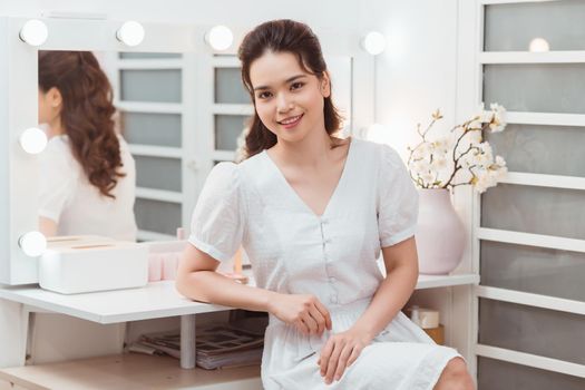 Beauty influencer woman with perfect glow skin dress up. 