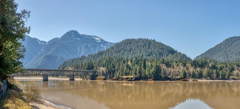 Fraser river panoramic view with the bridge in British Columbia, Canada.
