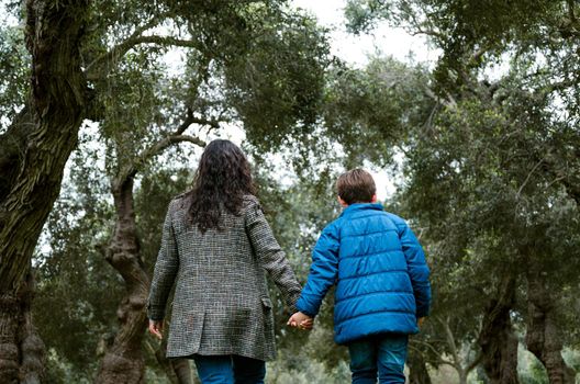 Mother and son holding hands walking in a park in autumn