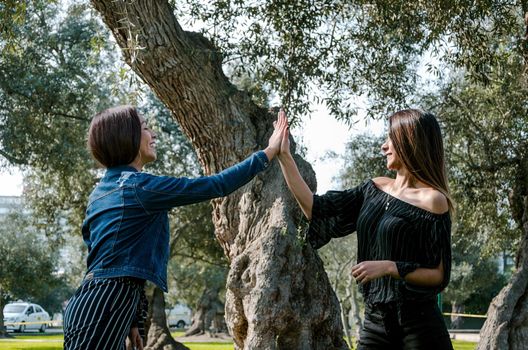 Two young women on the park giving high five. Women friends enjoying park vacation.