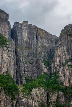 View of the Pulpit Rock - seen from Lysefjorden. Pulpit Rock is one of the most visited places in Norway, and gives a spectacular view of the fjords and mountains.