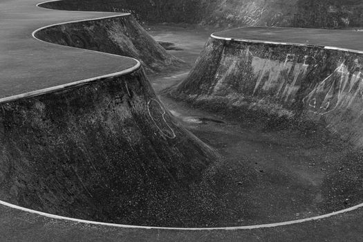 Black and white of skate park in urban areas