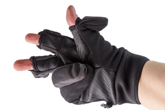 black professional photographic glove with flipping fingers on white hand isolated on white background.