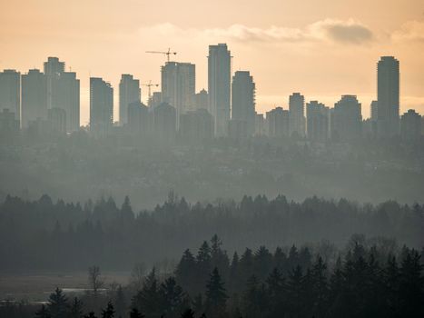 Metrotown cItyscape on foggy winter day in Vancouver.