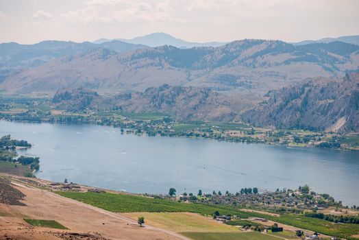 Okanagan valley in smog of wildefires in 2018. Osoyoos. British Columbia, Canada.