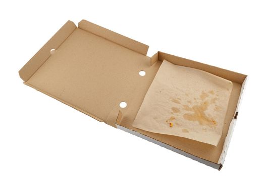 empty eaten opened pizza box isolated on white background.