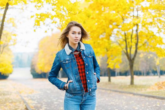 Pretty girl in a denim jacket and jeans on the background of yellow foliage, a beautiful fall day 