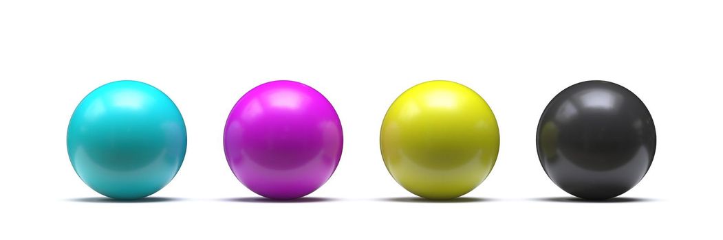 Spheres in CMYK colors - cyan, magenta, yellow, black 3D render illustration isolated on white background