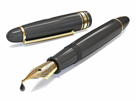 Opened golden black fountain pen 3D render illustration isolated on white background