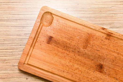 Old chopping board on wooden background top view.