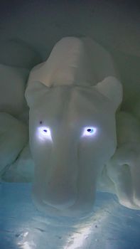 Jukkasjarvi, Sweden, February 27, 2020. one of the sculptures of the ice hotel