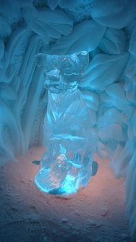 Jukkasjarvi, Sweden, February 27, 2020. one of the sculptures of the ice hotel