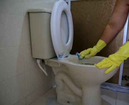 salvador, bahia, brazil - february 21, 2021: person wearing a rubber glove while cleaning a bathroom toilet in a residence in the city of Salvador.