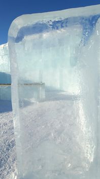 Jukkasjarvi, Sweden, February 27, 2020. detail of one of the walls of the ice hotel in northern Sweden