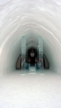 Jukkasjarvi, Sweden, February 27, 2020. a glimpse of the interior room of the ice hotel in northern Sweden