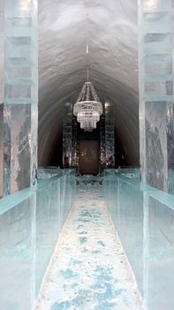 Jukkasjarvi, Sweden, February 27, 2020. a glimpse of the interior room of the ice hotel in northern Sweden