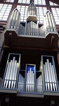 Detail of a pipe organ of a church in a small town in northern Sweden