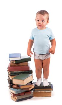 Boy with books for an education portrait - isolated over a white background