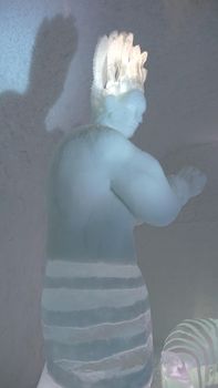Jukkasjarvi, Sweden, February 27, 2020. one of the sculptures of the ice hotel