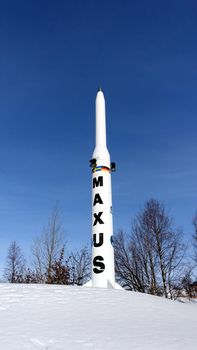 Kiruna, Sweden, February 23, 2020. The Maxus missile placed in one of the squares in the snowy center of Kiruna in northern Sweden during the winter