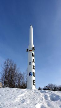 Kiruna, Sweden, February 23, 2020. The Maxus missile placed in one of the squares in the snowy center of Kiruna in northern Sweden during the winter