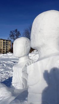 Kiruna, Sweden, February 23, 2020. Art, ice sculptures in a square in the snowy center of Kiruna in northern Sweden during the winter