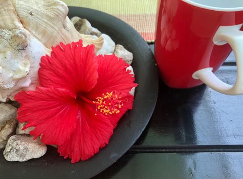 Food decoration with red hibiscus flower,  Sri Lanka. Red food decoration.
