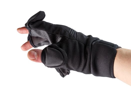 black professional photographic glove with flipping fingers on white hand isolated on white background.