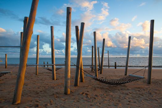 Dramatic sunset on the empty beach, Hjerting, Jutland, Denmark. Hjerting is a district of Esbjerg in southwest Jutland, Denmark