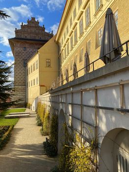 View from garden next to Schwarzenberg Palace. It is a significant Early Renaissance building whose facade is elaborately decorated with sgraffito.